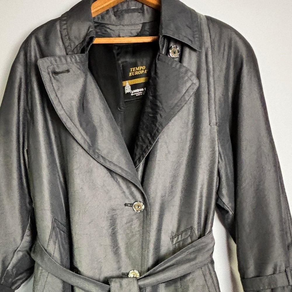 London Fog Tempo Europa Womens Trench Coat Belted Charcoal Gray Petite Size 4